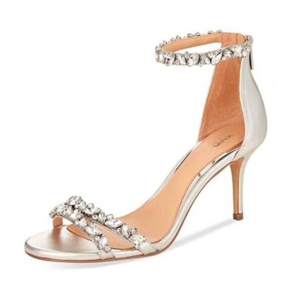XYD Silver Mid Heel Rhinestone Strappy Sandals Open Toe Ankle Strap Prom Shoes